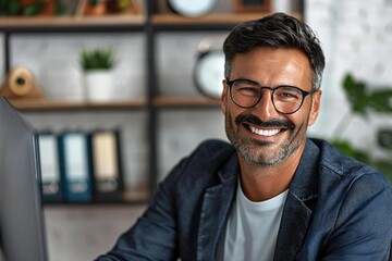 Obraz premium man in a business suit smiling while participating in a video conference for an online interview or business call. He sits at his desk in front of a computer, learning