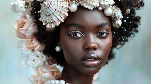 A stunning black woman with a seashell crown