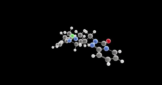 Trazodone molecule, rotating 3D model of antidepressant, looped video on a black background