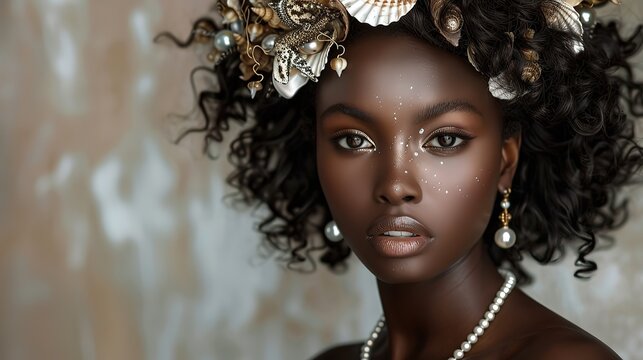 A stunning black woman with a seashell crown