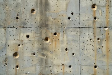 Depict the danger of combat zones with bullet holes riddling a concrete barrier, Generative AI