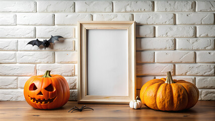 Halloween holiday concept. Empty photo frame, carved pumpkin