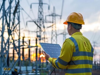 Engineer checking solar panels at power plant Renewable energy sources integrated into the electrical grid