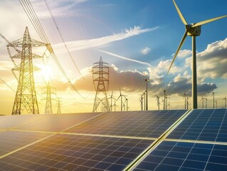 A vibrant scene showcasing a renewable energy landscape with solar panels, wind turbines, and power lines under a bright sky, representing the integration of clean energy sources.

