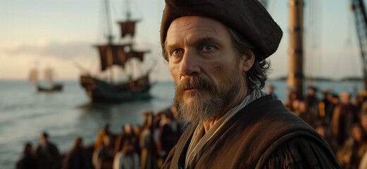 close-up of a sailor, Columbus Day and shows the arrival of Christopher Columbus in the New World