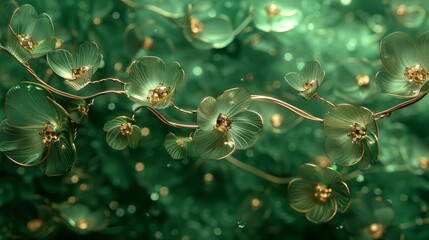 Delicate vines rendered in shades of metallic green, intertwine with emerald gemstones, mimicking the natural growth patterns of plants with a luxurious sparkling twist, ai generated