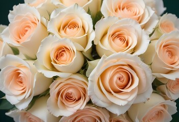 Obraz premium A close-up view of a bouquet of beautiful white and peach roses with soft, delicate petals arranged in a lush, floral pattern, blue, pink, purple, white roses