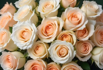Obraz premium A close-up view of a bouquet of beautiful white and peach roses with soft, delicate petals arranged in a lush, floral pattern, blue, pink, purple, white roses