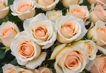 Obraz premium A close-up view of a bouquet of beautiful white and peach roses with soft, delicate petals arranged in a lush, floral pattern, blue, pink, purple, white roses