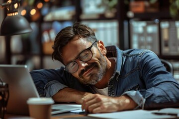Obraz premium photo of a tired mature businessman napping at his desk in the office, surrounded by his work and a laptop, showcasing the exhaustion and struggles of balancing a demanding job.