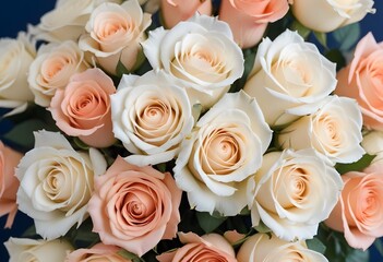 Obraz premium A close-up view of a bouquet of beautiful white and peach roses with soft, delicate petals arranged in a lush, floral pattern, blue, pink, purple, white roses