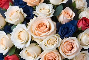 A close-up view of a bouquet of beautiful white and peach roses with soft, delicate petals arranged in a lush, floral pattern, blue, pink, purple, white roses