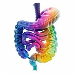 Colorful 3D rendered anatomy of the human digestive system highlighting the intestines and stomach against a white background.