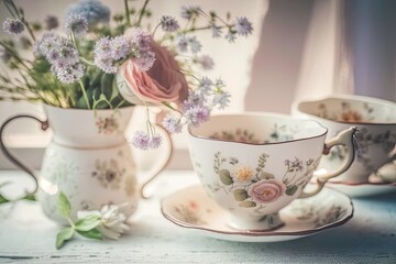 Cups of tea and beautiful flowers and Refined vintage dishes on the table.