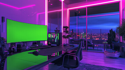 Modern, empty room with neon lights has a gaming station with an ultra-wide curved monitor and a green screen display on a glass table.