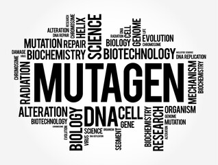 Mutagen - anything that causes a mutation (a change in the DNA of a cell), word cloud concept background