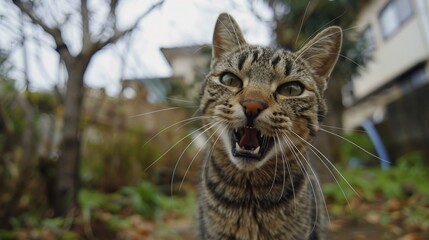 Close-up of a tabby cat with its mouth open.
