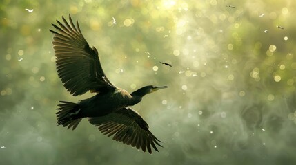 Naklejka premium Cormorant Bird Flying Through Light Bokeh.
