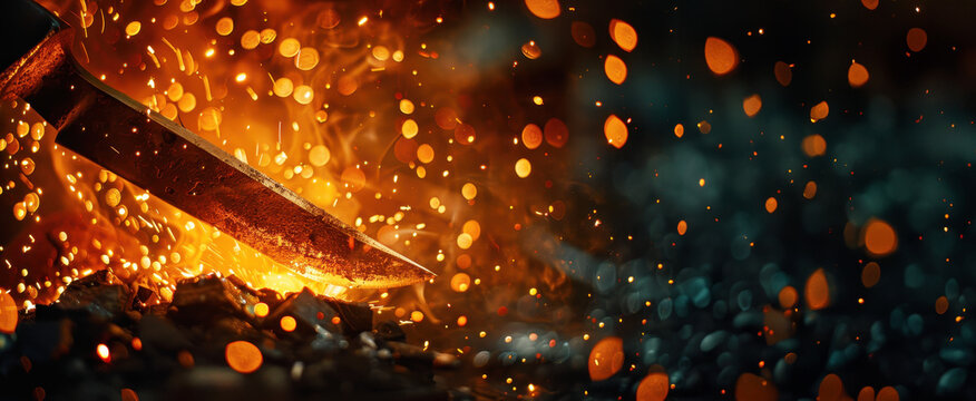 Blacksmith forging a knife in the fire of his smithy before putting it on the anvil. With copy space