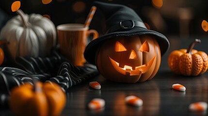 Halloween scene with a carved pumpkin wearing a witch hat, surrounded by candy, small pumpkins, and a striped cloth.