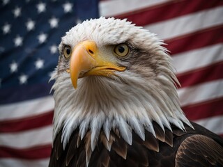Naklejka premium Beautiful advertisement close-up studio portrait of a bald eagle in front of american flag. Stunning USA national symbol photography header. Haliaeetus leucocephalus.