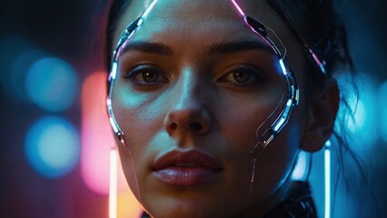 A futuristic close up portrait of a woman's face with glowing digital lights in the background. Cyberpunk art future tech photography illustration concept. Neon lighting implants and techno gadgets.