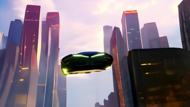 futuristic flying car over hightech city, full of innovation and advanced technology