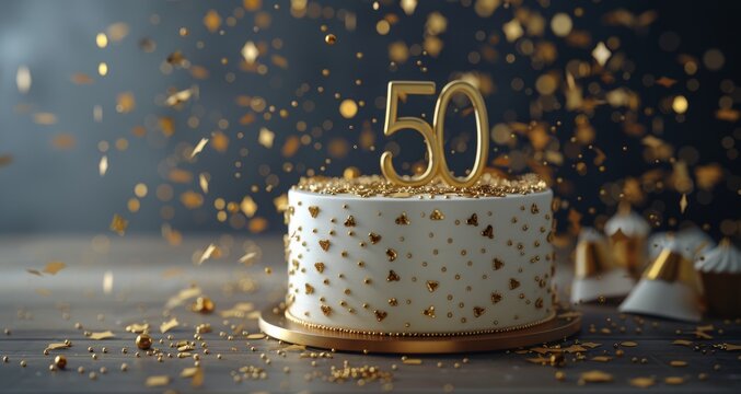 Golden 50th Birthday Cake With Confetti Celebration