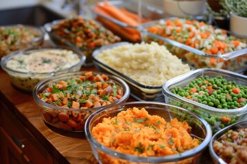 Variety of Thanksgiving Sides: Carrots, Mashed Potatoes, Sweet Potato Casserole, and Stuffing on the Dinner Table