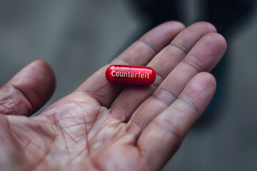 Close-up of fingers holding a red capsule with the word "Counterfeit" written on it, symbolizing counterfeit medicine.	