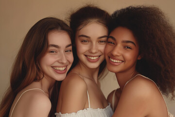 Obraz premium Three smiling young women with different hair types posing together against a beige background. Friendship, diversity, beauty, happiness, youth, togetherness concept.