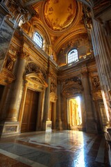 Naklejka premium Baroque, barocco ornate marble ceiling non linear reformation design. elaborate ceiling with intricate accents depicting classic elegance and architectural beauty
