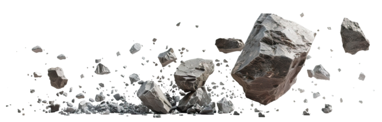Gray rocks falling through the air, cut out