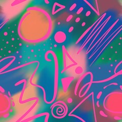 Fototapeta premium Abstract Hand Drawing Geometric Shapes Seamless Pattern with Digital Paint Watercolor Tie Dye Ombre Gradient Multi Colored Background