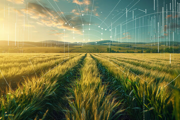 Agricultural field with advanced digital overlay showing data analytics and precision farming technologies. Agriculture technology