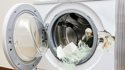 Broken washing machine with an open door and visible damage to the drum and surrounding area. Home appliance repair, maintenance, electrical damage, household safety, cleaning equipment issues.