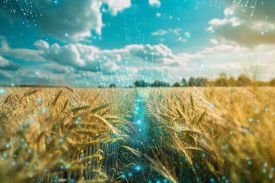 Wheat field under a bright sky with digital data overlay representing smart farming technology. Precision agriculture, IoT in farming, crop monitoring, agricultural innovation.
