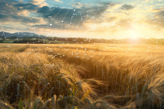 Golden wheat field at sunset with digital network overlay showing data points and connections. Precision agriculture, smart farming, data analytics, crop monitoring, sustainable farming. - Powered by Adobe