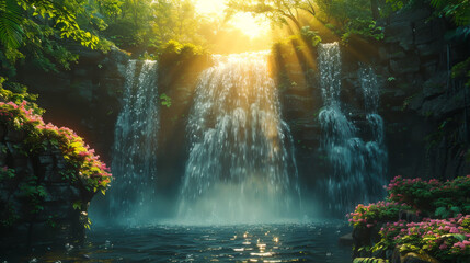 Natural landscape. Beautiful waterfall in the exotic jungle. Lots of greenery around the waterfall. Water concept, natural phenomena.