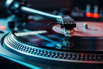Closeup of a turntable needle on a vinyl record, with vibrant lighting