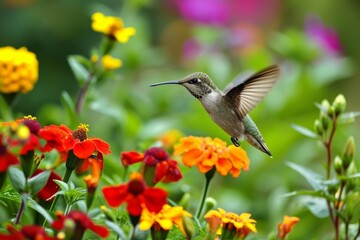 Hummingbirds hovering over brightly colored flowers, Ai generated