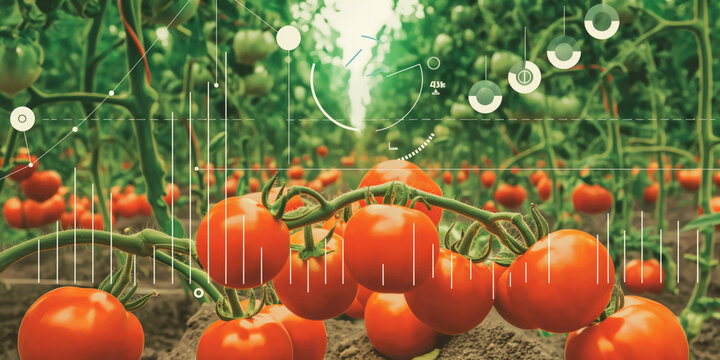 Tomatoes growing in a greenhouse with data analytics and futuristic graphs overlay. Agriculture technology, smart farming, precision agriculture, crop management concept. - Powered by Adobe