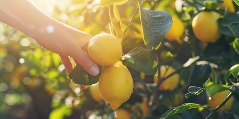 Hand picking ripe lemons from lemon tree under sunlight in a garden. Citrus fruit harvesting, organic farming, fresh produce, agriculture, gardening concept.