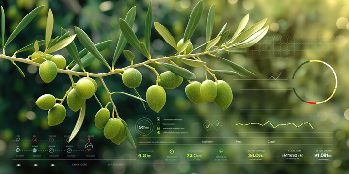 Olive tree branch with ripe green olives and data overlay for smart agriculture technology. Agricultural analytics, crop monitoring, precision farming, sustainable farming, technology in agriculture.