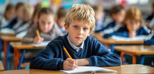 Attentive boy writing in classroom. Back to school.