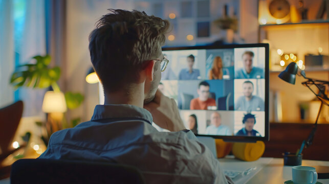 Remote school and business team teleconference: Illustration of students and business teams greeting each other via video call during a remote school or online education project, reflecting