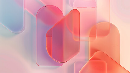 modern 3D abstract composition with translucent overlapping rounded shapes in red, blue, and orange tones on a soft gradient background