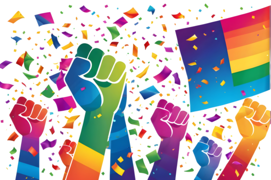 Colorful illustration of a raised fist hand over a colorful confetti flag, isolated on a transparent background. Ideal for projects emphasizing celebration, victory, and diversity.
