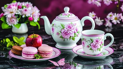 Elegant tea set with floral design, accompanied by macarons and an apple, perfect for a delightful afternoon tea setup.