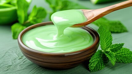 Fresh green mint sauce in a wooden bowl with spoon on a table. Perfect for food presentation, recipes, and culinary blogs.